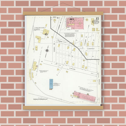 Old map wall art mockup — magnetic wood frame on brick wall — Sanborn Fire Insurance Map from Wauseon, Fulton County, Ohio (1910), Sheet #0012