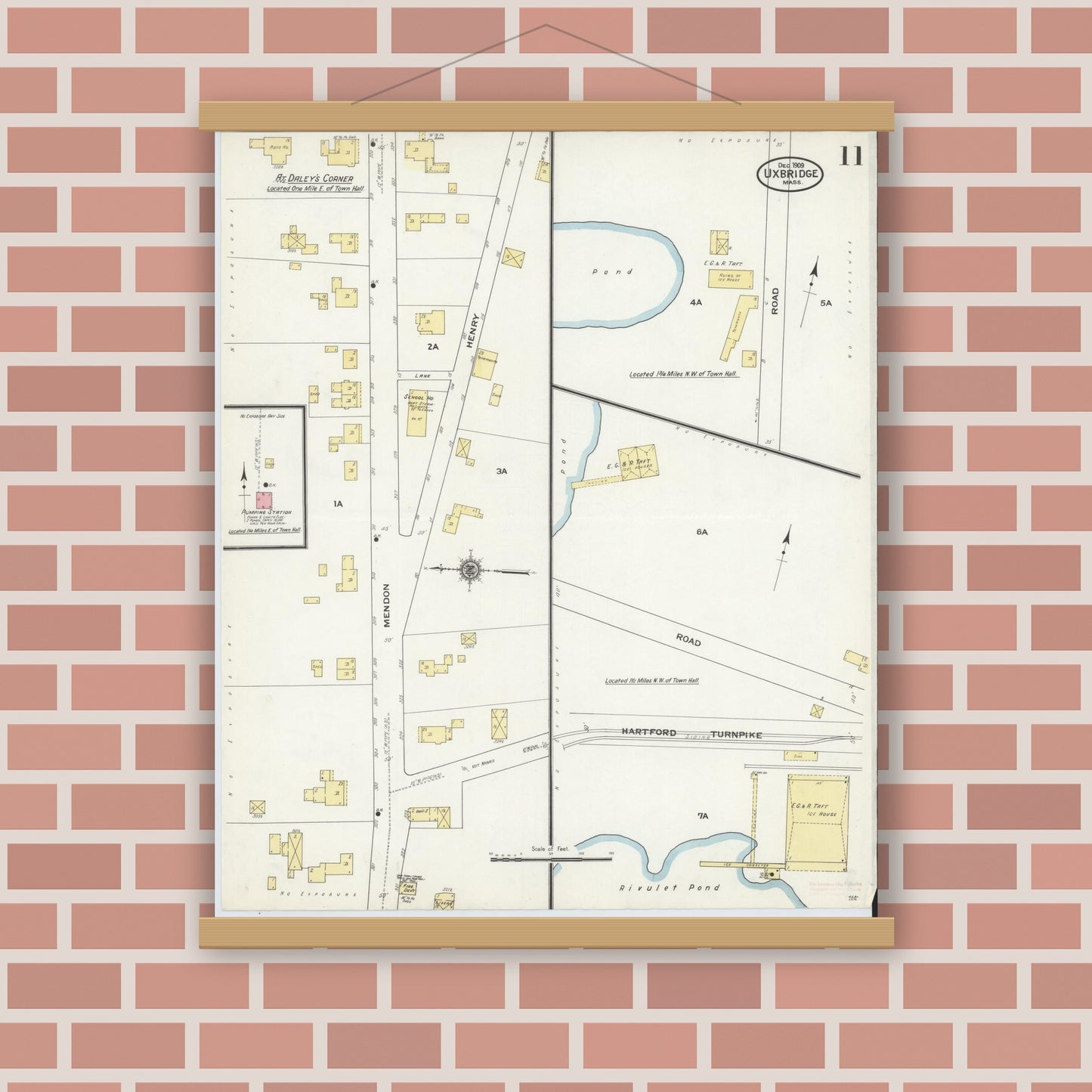 Old map wall art mockup — magnetic wood frame on brick wall — Sanborn Fire Insurance Map from Uxbridge, Worcester County, Massachusetts (1909), Sheet #0011