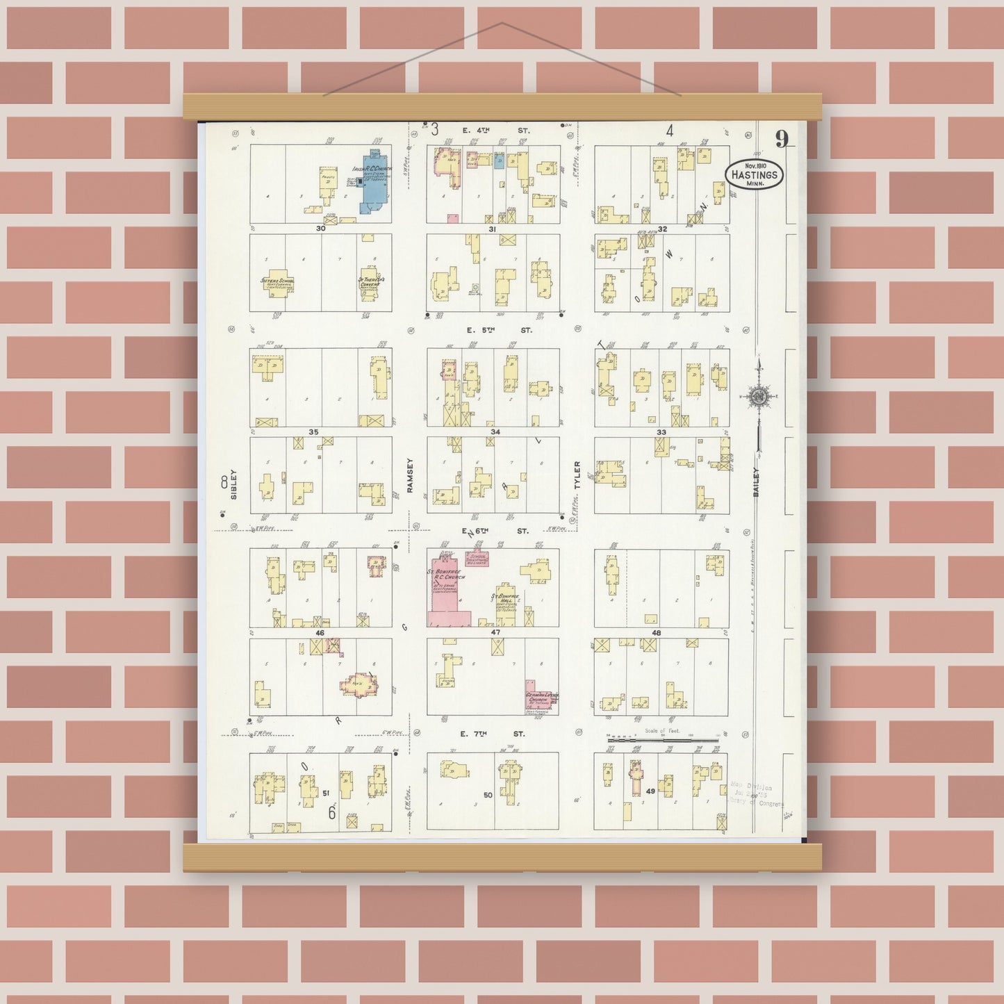 Old map wall art mockup — magnetic wood frame on brick wall — Sanborn Fire Insurance Map from Hastings, Dakota County, Minnesota (1910), Sheet #0009
