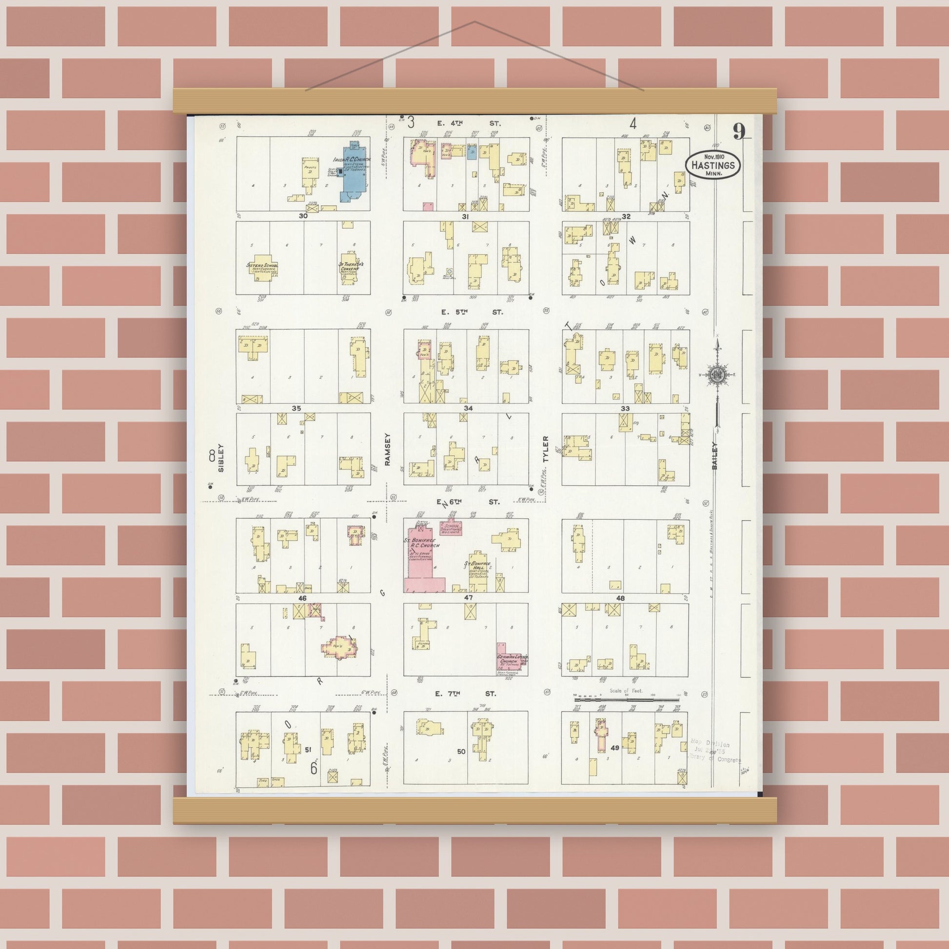 Old map wall art mockup — magnetic wood frame on brick wall — Sanborn Fire Insurance Map from Hastings, Dakota County, Minnesota (1910), Sheet #0009