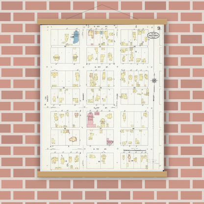 Old map wall art mockup — magnetic wood frame on brick wall — Sanborn Fire Insurance Map from Hastings, Dakota County, Minnesota (1910), Sheet #0009