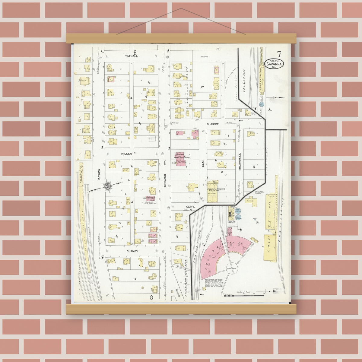 Old map wall art mockup — magnetic wood frame on brick wall — Sanborn Fire Insurance Map from Savanna, Carroll County, Illinois (1912), Sheet #0007