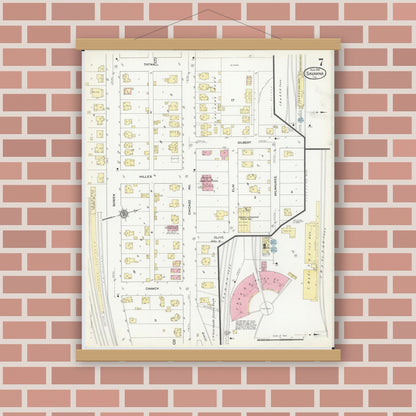 Old map wall art mockup — magnetic wood frame on brick wall — Sanborn Fire Insurance Map from Savanna, Carroll County, Illinois (1912), Sheet #0007