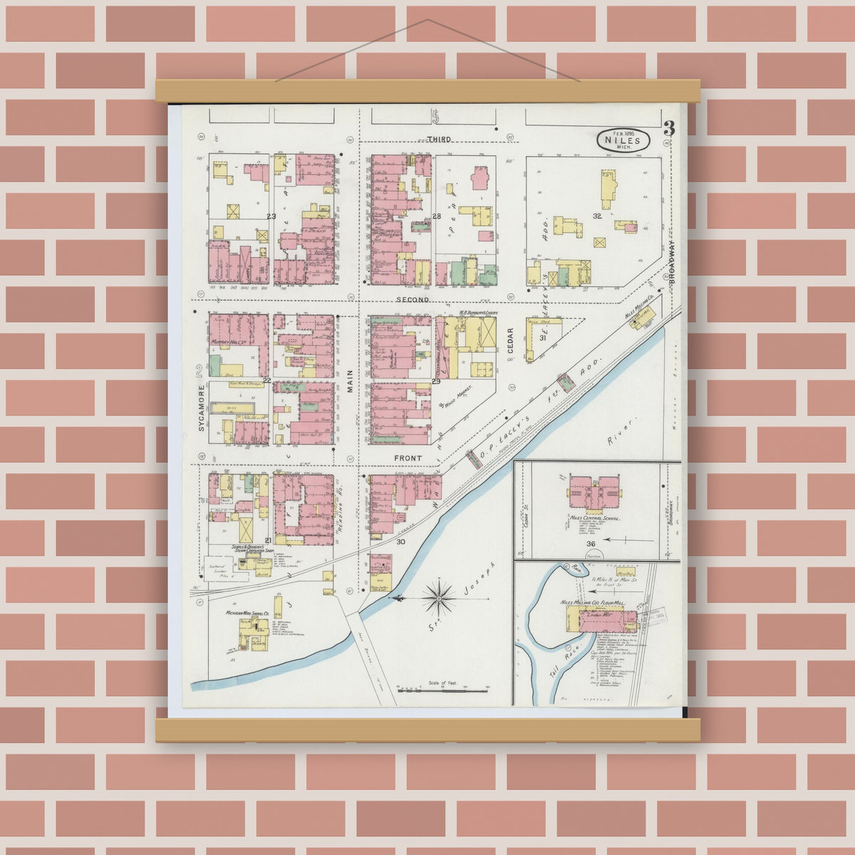 Old map wall art mockup — magnetic wood frame on brick wall — Sanborn Fire Insurance Map from Niles, Berrien County, Michigan (1895), Sheet #0003