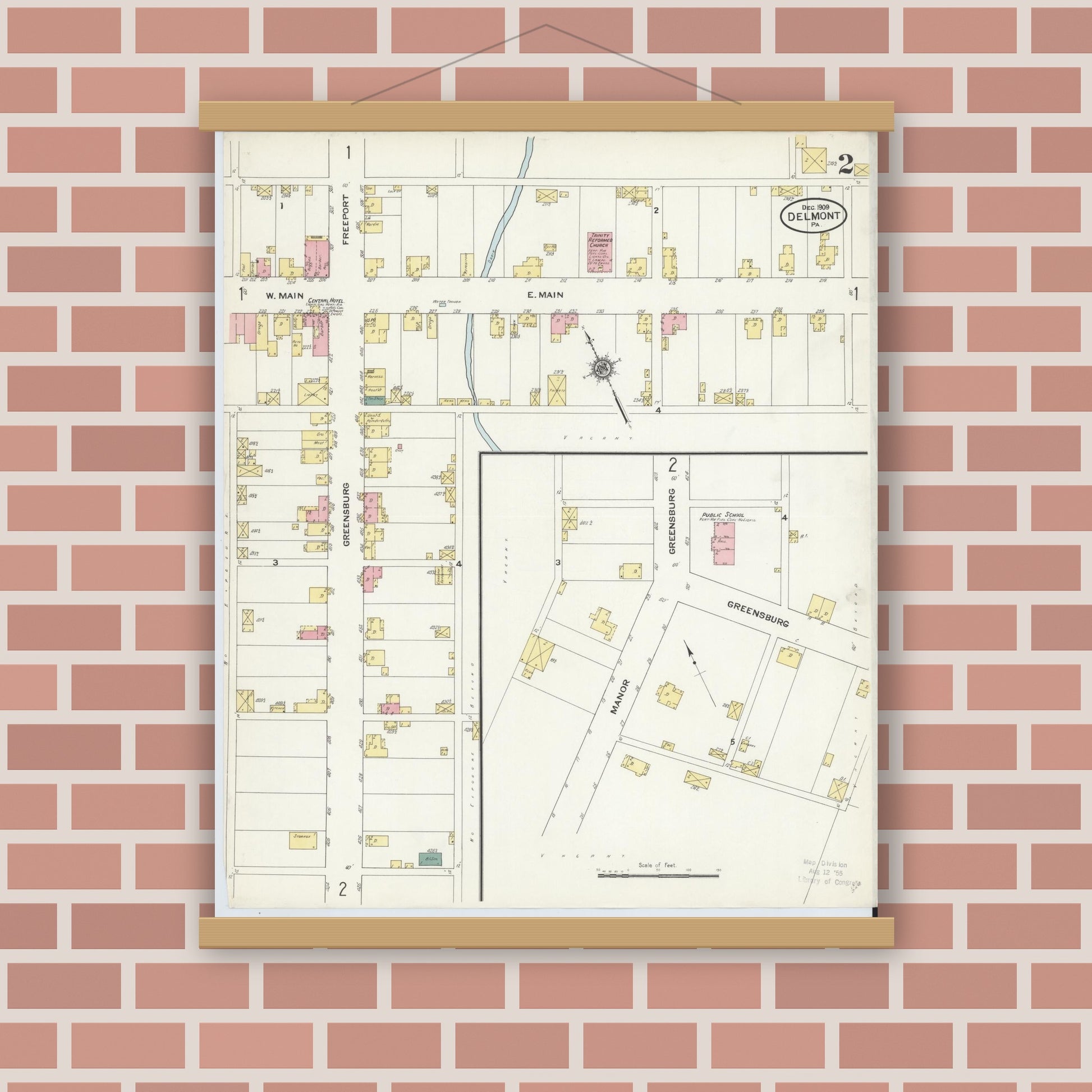 Old map wall art mockup — magnetic wood frame on brick wall — Sanborn Fire Insurance Map from Delmont, Westmoreland County, Pennsylvania (1909), Sheet #0002
