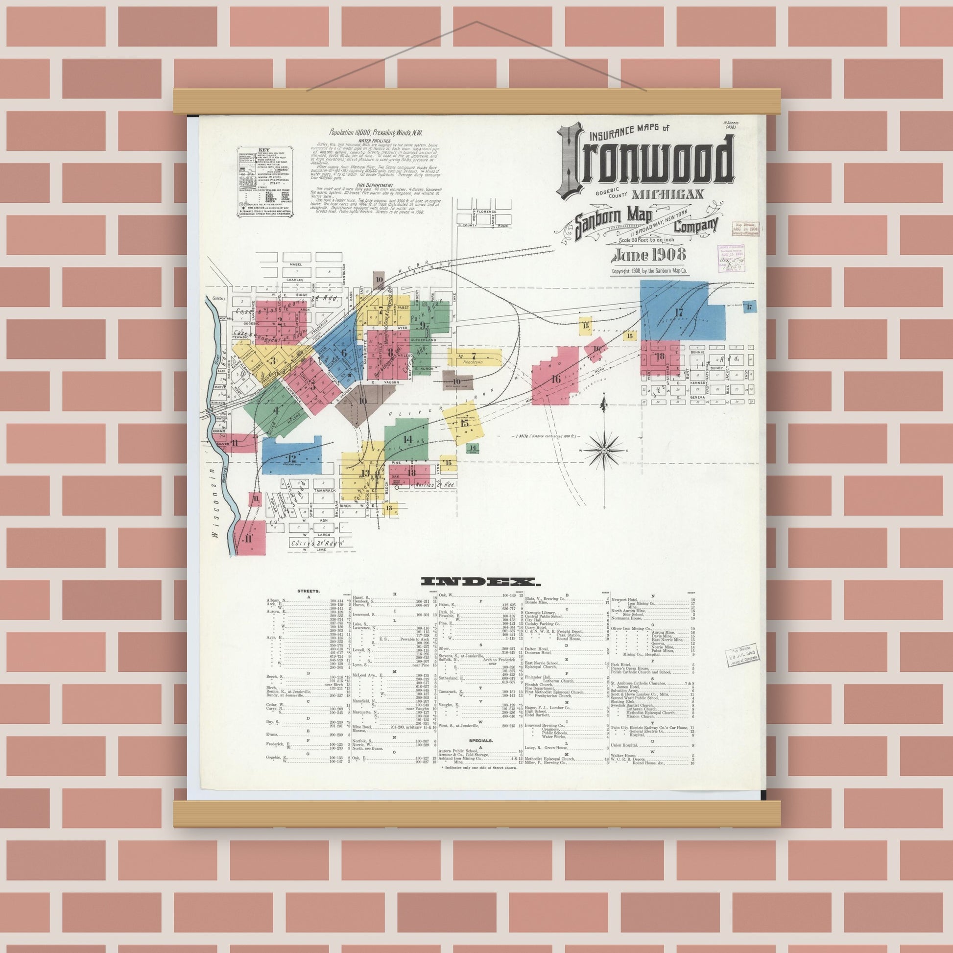 Old map wall art mockup — magnetic wood frame on brick wall — Sanborn Fire Insurance Map from Ironwood, Gogebic County, Michigan (1908), Sheet #0001