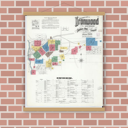 Old map wall art mockup — magnetic wood frame on brick wall — Sanborn Fire Insurance Map from Ironwood, Gogebic County, Michigan (1908), Sheet #0001