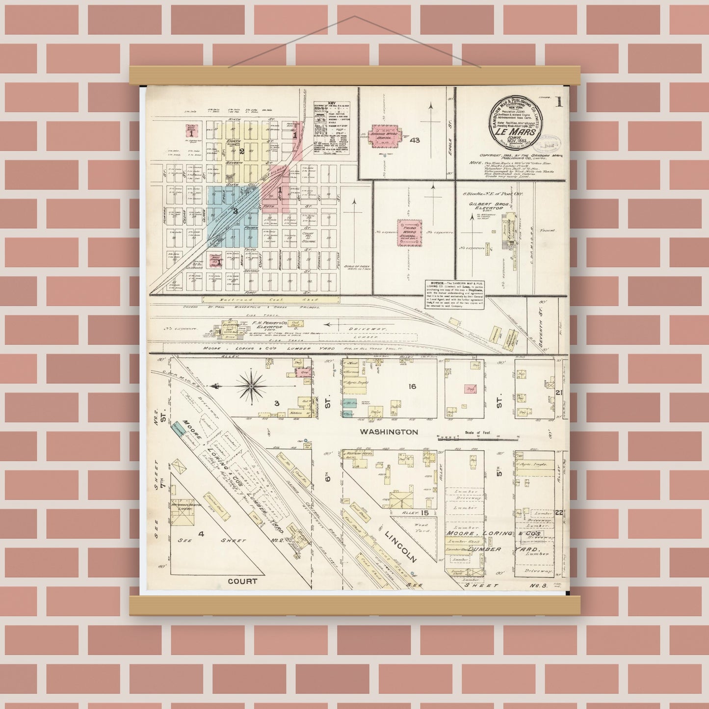 Old map wall art mockup — magnetic wood frame on brick wall — Sanborn Fire Insurance Map from Le Mars, Plymouth County, Iowa (1883), Sheet #0001