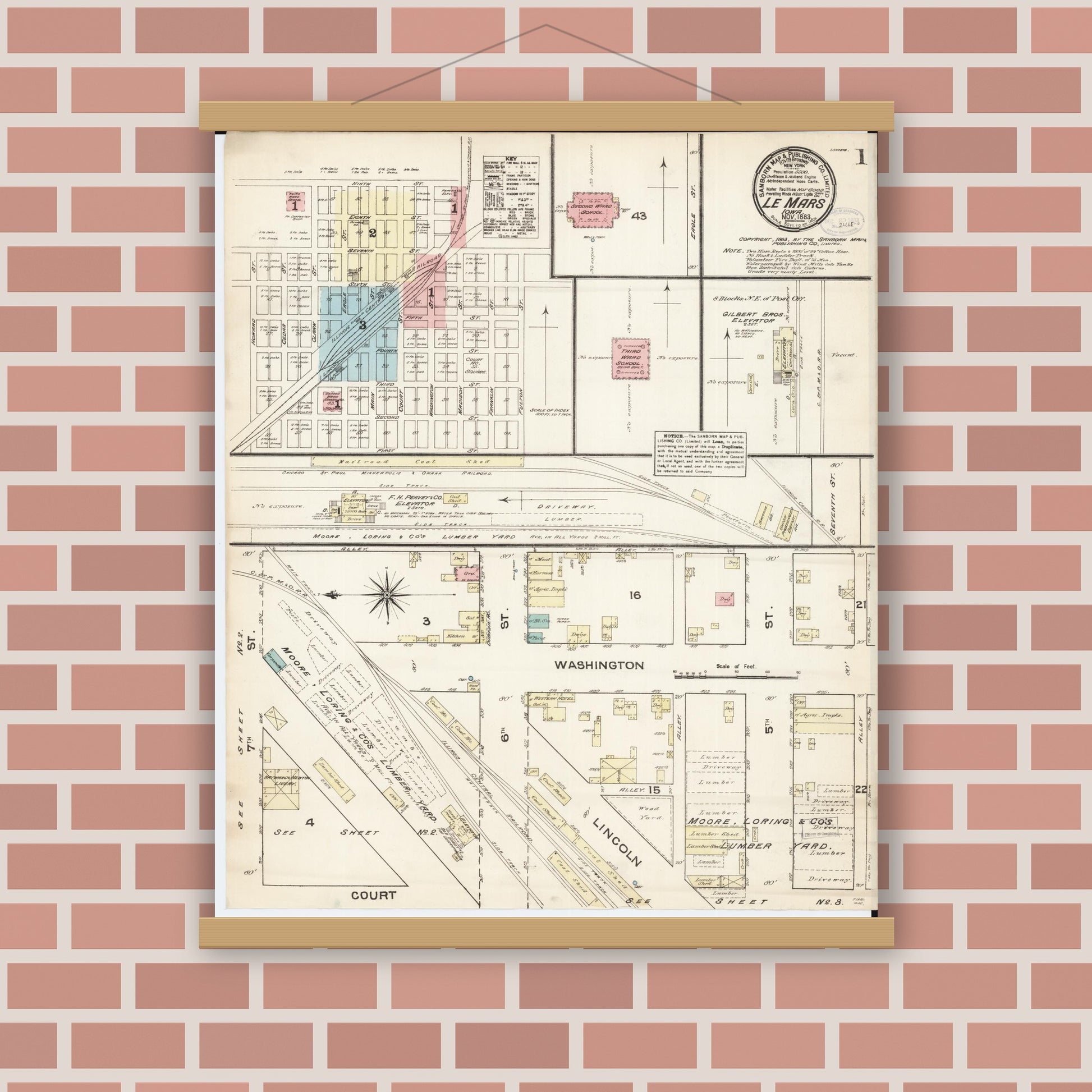 Old map wall art mockup — magnetic wood frame on brick wall — Sanborn Fire Insurance Map from Le Mars, Plymouth County, Iowa (1883), Sheet #0001