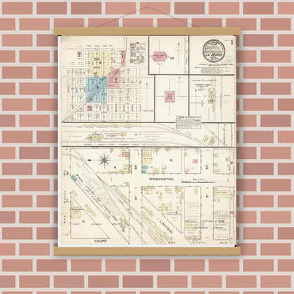 Old map wall art mockup — magnetic wood frame on brick wall — Sanborn Fire Insurance Map from Le Mars, Plymouth County, Iowa (1883), Sheet #0001
