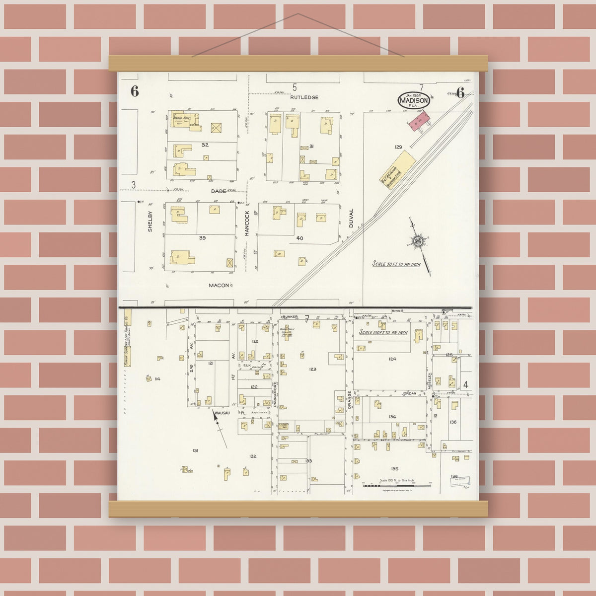 Old map wall art mockup — magnetic wood frame on brick wall — Sanborn Fire Insurance Map from Madison, Madison County, Florida (1924), Sheet #0006
