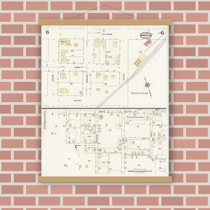 Old map wall art mockup — magnetic wood frame on brick wall — Sanborn Fire Insurance Map from Madison, Madison County, Florida (1924), Sheet #0006