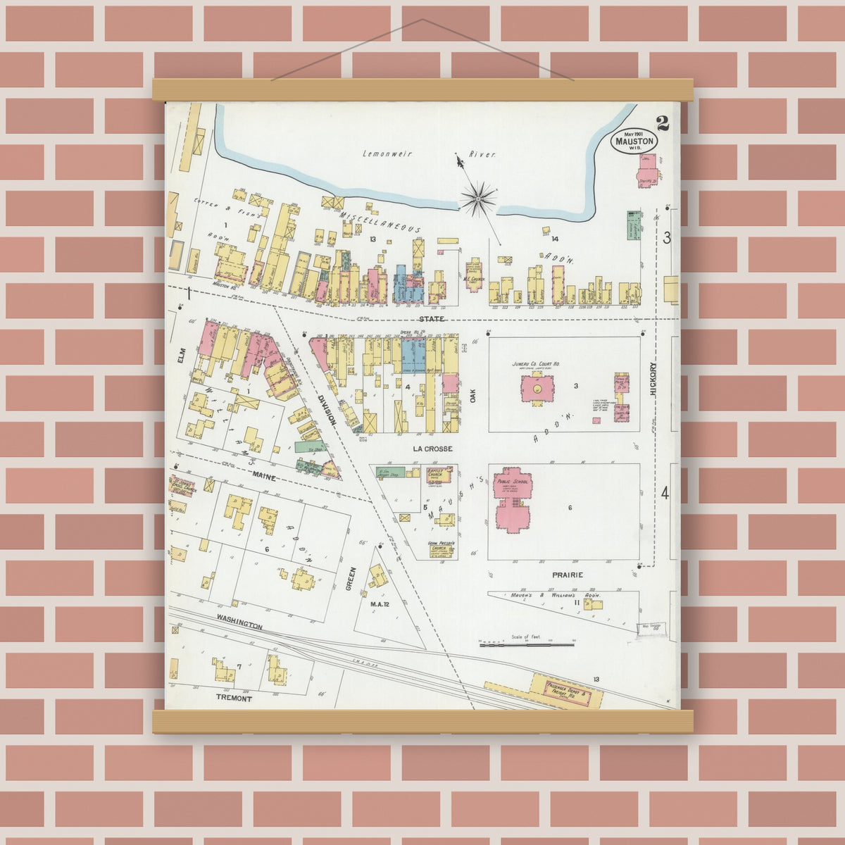 Old map wall art mockup — magnetic wood frame on brick wall — Sanborn Fire Insurance Map from Mauston, Juneau County, Wisconsin (1901), Sheet #0002
