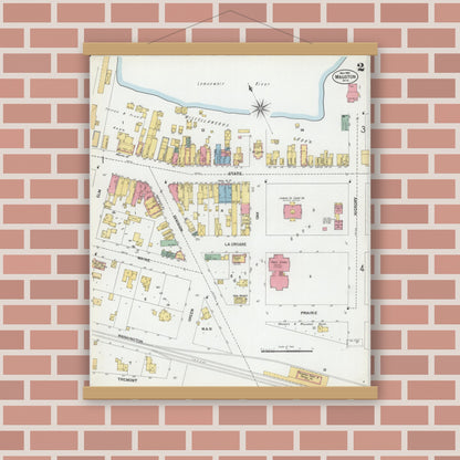 Old map wall art mockup — magnetic wood frame on brick wall — Sanborn Fire Insurance Map from Mauston, Juneau County, Wisconsin (1901), Sheet #0002