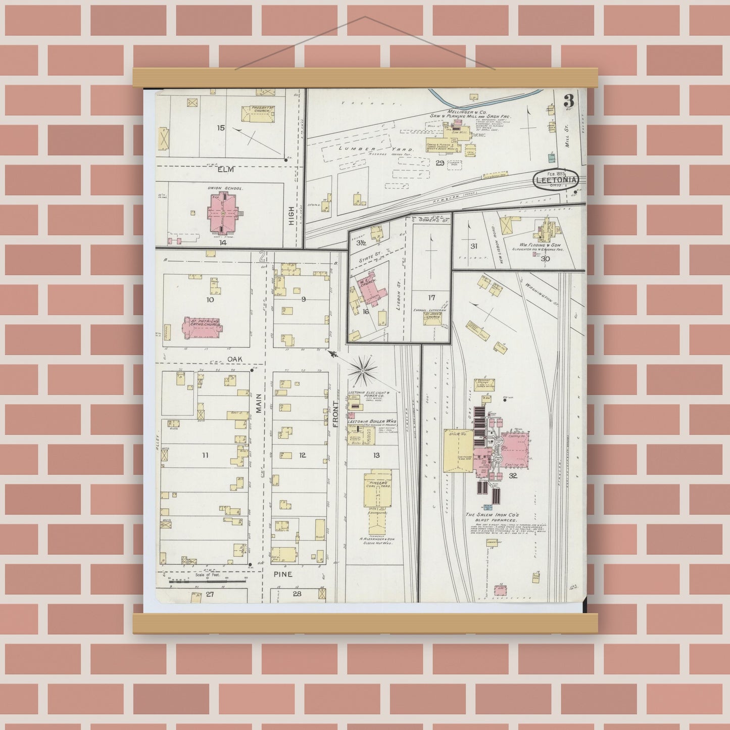 Old map wall art mockup — magnetic wood frame on brick wall — Sanborn Fire Insurance Map from Leetonia, Columbiana County, Ohio (1893), Sheet #0003