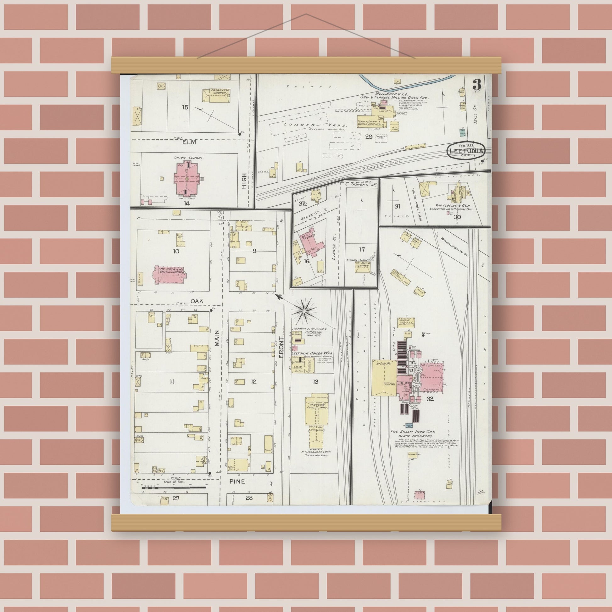 Old map wall art mockup — magnetic wood frame on brick wall — Sanborn Fire Insurance Map from Leetonia, Columbiana County, Ohio (1893), Sheet #0003