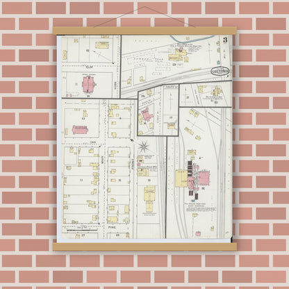 Old map wall art mockup — magnetic wood frame on brick wall — Sanborn Fire Insurance Map from Leetonia, Columbiana County, Ohio (1893), Sheet #0003
