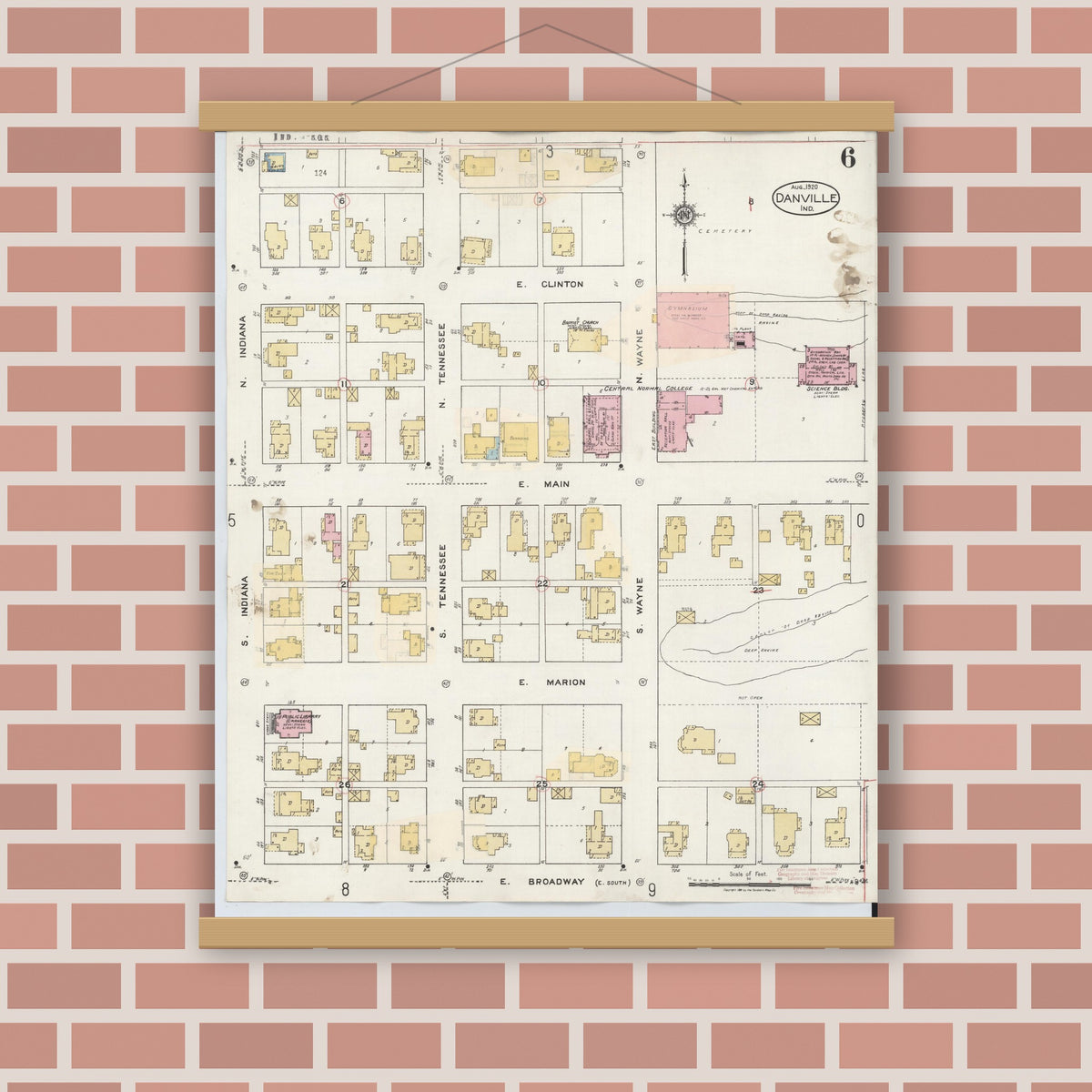 Old map wall art mockup — magnetic wood frame on brick wall — Sanborn Fire Insurance Map from Danville, Hendricks County, Indiana (1932), Sheet #0006