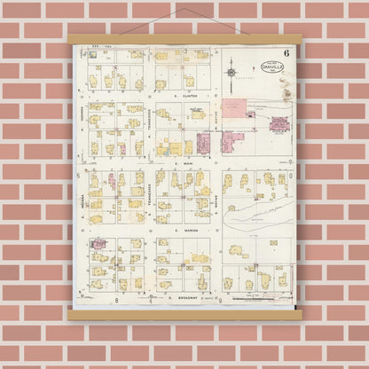 Old map wall art mockup — magnetic wood frame on brick wall — Sanborn Fire Insurance Map from Danville, Hendricks County, Indiana (1932), Sheet #0006