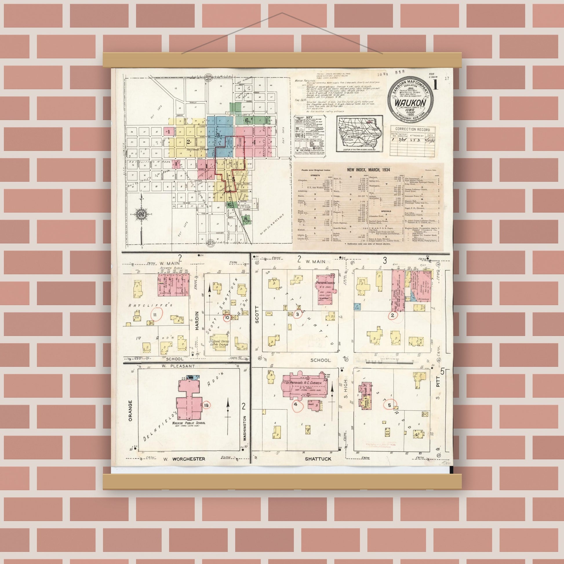 Old map wall art mockup — magnetic wood frame on brick wall — Sanborn Fire Insurance Map from Waukon, Allamakee County, Iowa (1934), Sheet #0001