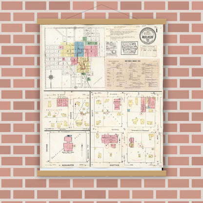 Old map wall art mockup — magnetic wood frame on brick wall — Sanborn Fire Insurance Map from Waukon, Allamakee County, Iowa (1934), Sheet #0001