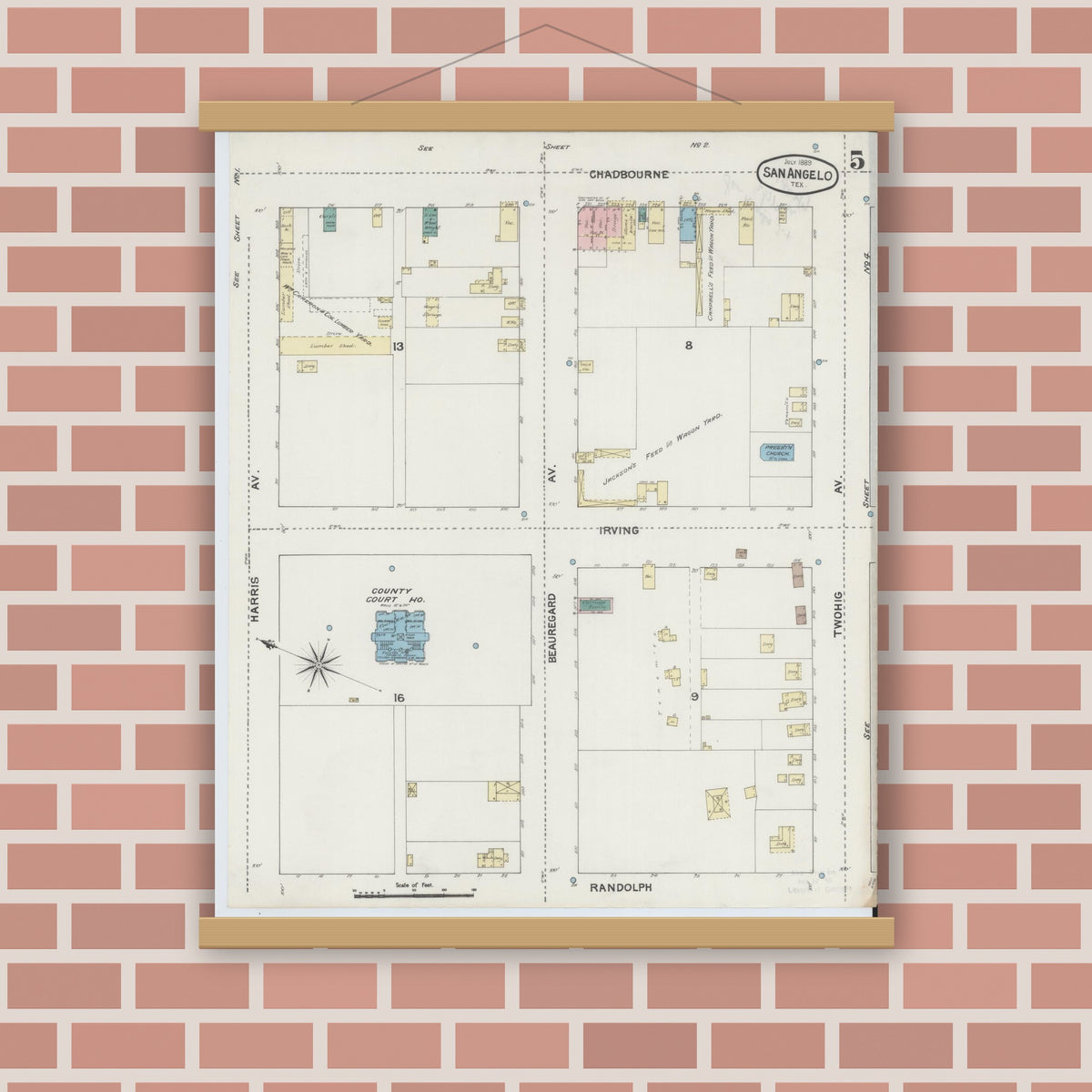 Old map wall art mockup — magnetic wood frame on brick wall — Sanborn Fire Insurance Map from San Angelo, Tom Green County, Texas (1889), Sheet #0005