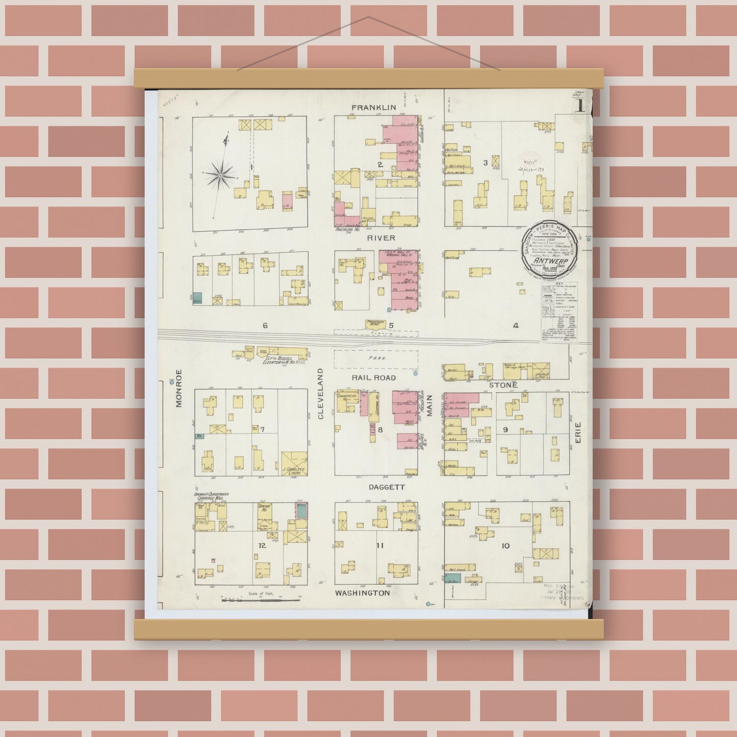 Old map wall art mockup — magnetic wood frame on brick wall — Sanborn Fire Insurance Map from Antwerp, Paulding County, Ohio (1893) - Complete Map Set
