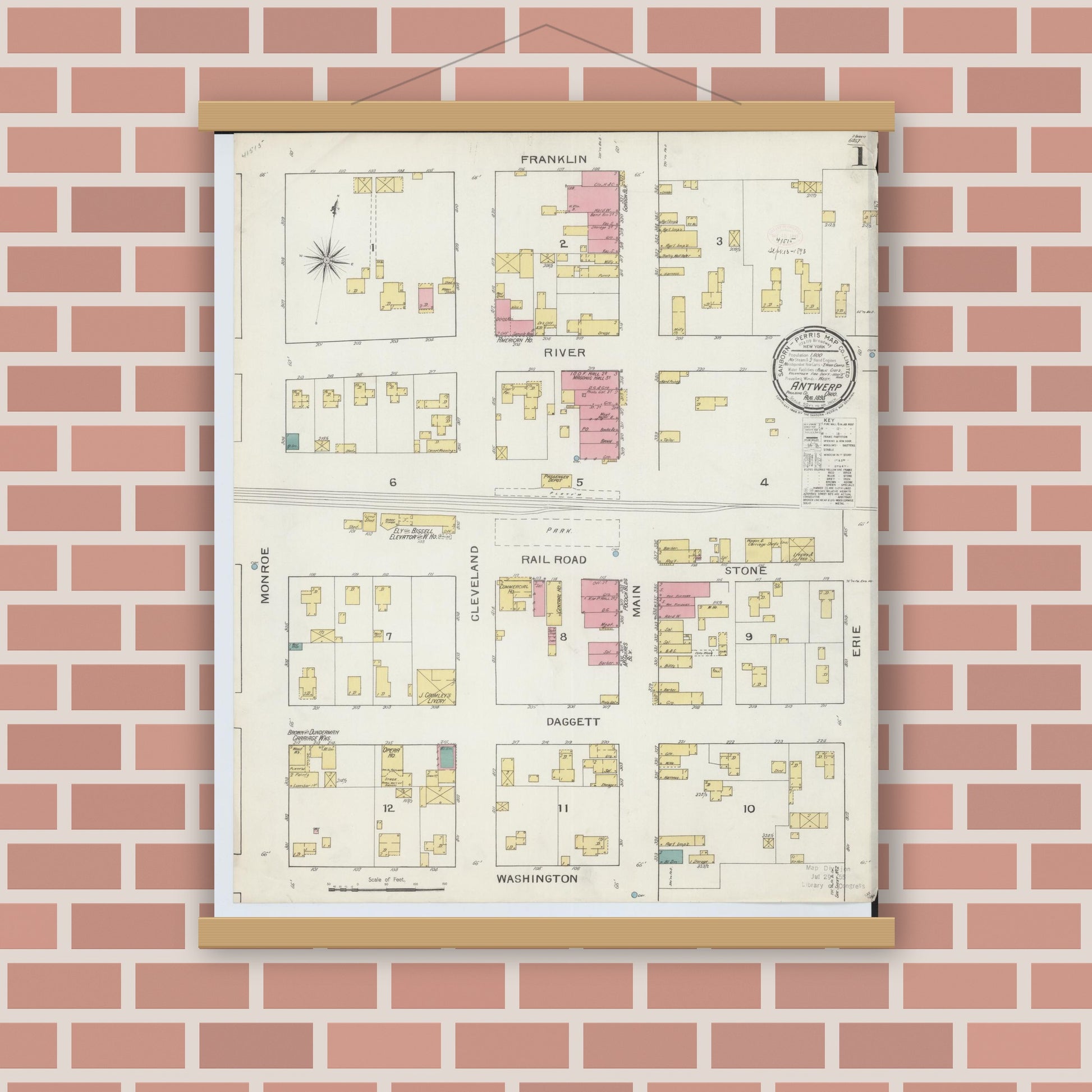 Old map wall art mockup — magnetic wood frame on brick wall — Sanborn Fire Insurance Map from Antwerp, Paulding County, Ohio (1893) - Complete Map Set