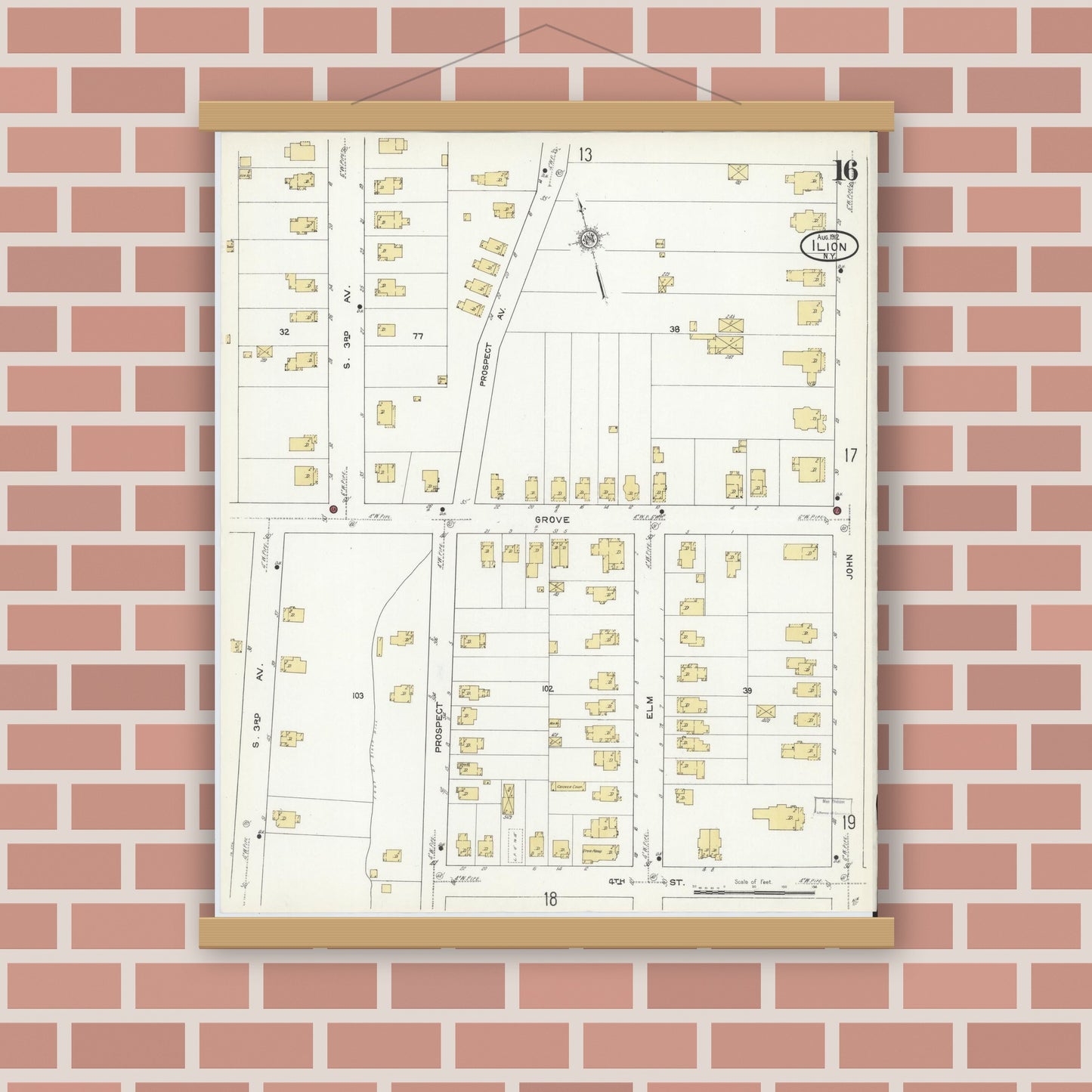 Old map wall art mockup — magnetic wood frame on brick wall — Sanborn Fire Insurance Map from Ilion, Herkimer County, New York (1912), Sheet #0016