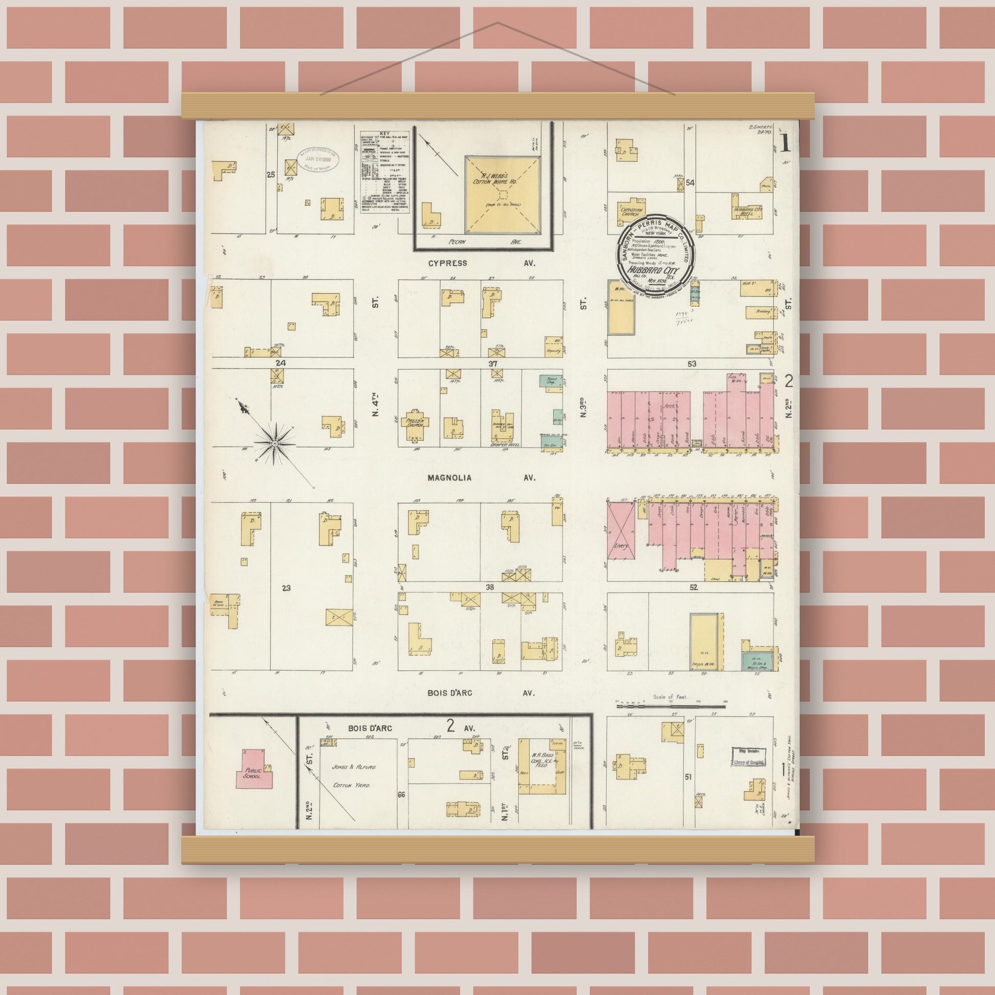 Old map wall art mockup — magnetic wood frame on brick wall — Sanborn Fire Insurance Map from Hubbard, Hill County, Texas (1898), Sheet #0001