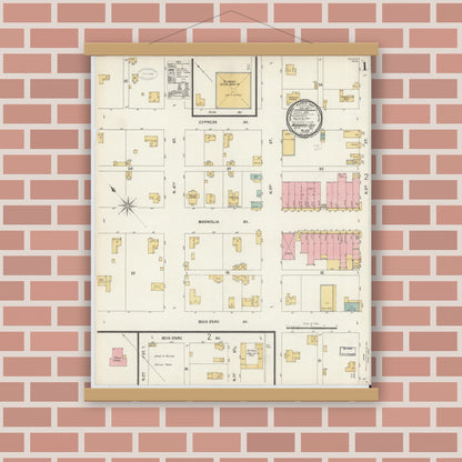 Old map wall art mockup — magnetic wood frame on brick wall — Sanborn Fire Insurance Map from Hubbard, Hill County, Texas (1898), Sheet #0001