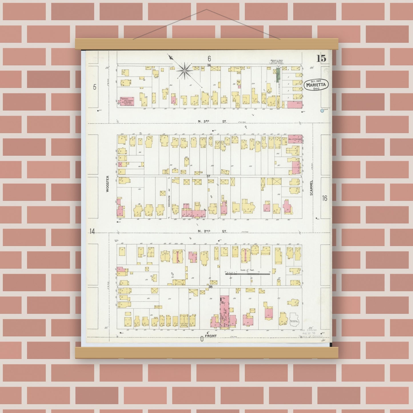 Old map wall art mockup — magnetic wood frame on brick wall — Sanborn Fire Insurance Map from Marietta, Washington County, Ohio (1900), Sheet #0015
