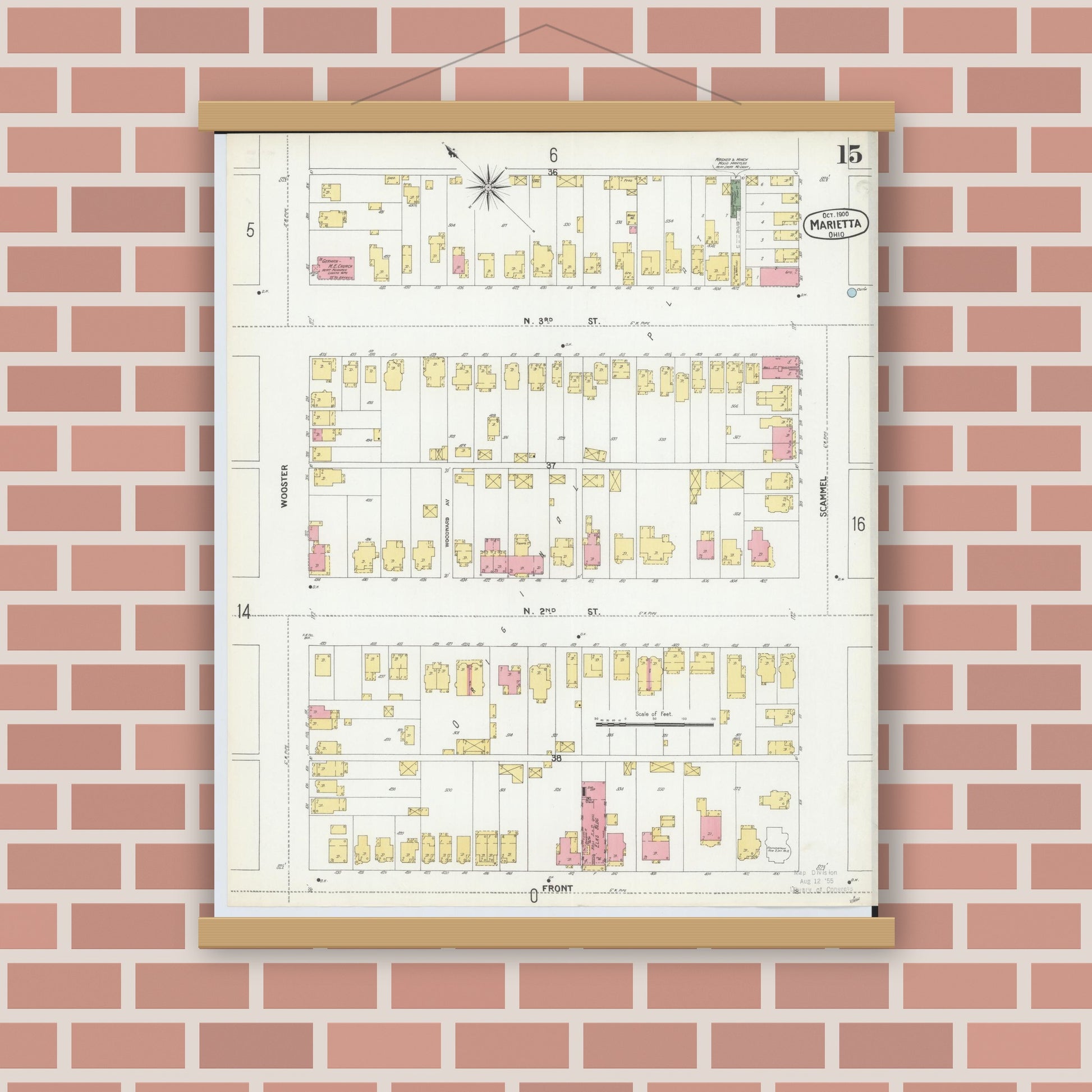Old map wall art mockup — magnetic wood frame on brick wall — Sanborn Fire Insurance Map from Marietta, Washington County, Ohio (1900), Sheet #0015