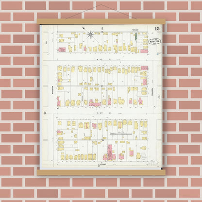 Old map wall art mockup — magnetic wood frame on brick wall — Sanborn Fire Insurance Map from Marietta, Washington County, Ohio (1900), Sheet #0015