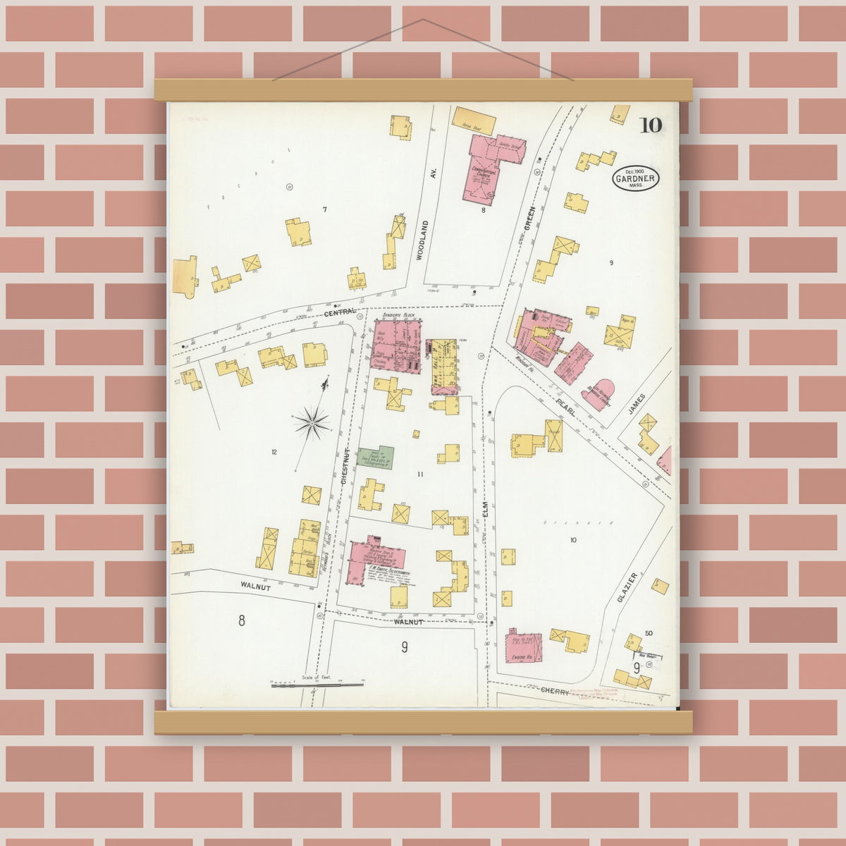 Old map wall art mockup — magnetic wood frame on brick wall — Sanborn Fire Insurance Map from Gardner, Worcester County, Massachusetts (1900), Sheet #0010