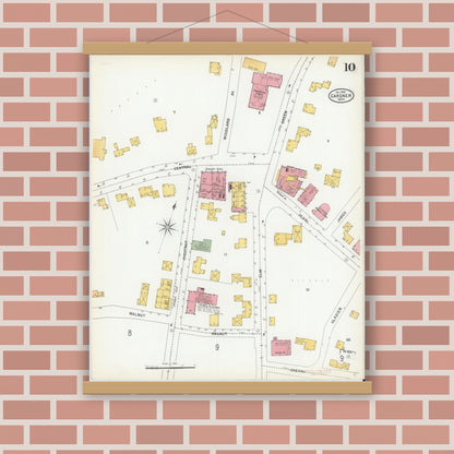 Old map wall art mockup — magnetic wood frame on brick wall — Sanborn Fire Insurance Map from Gardner, Worcester County, Massachusetts (1900), Sheet #0010