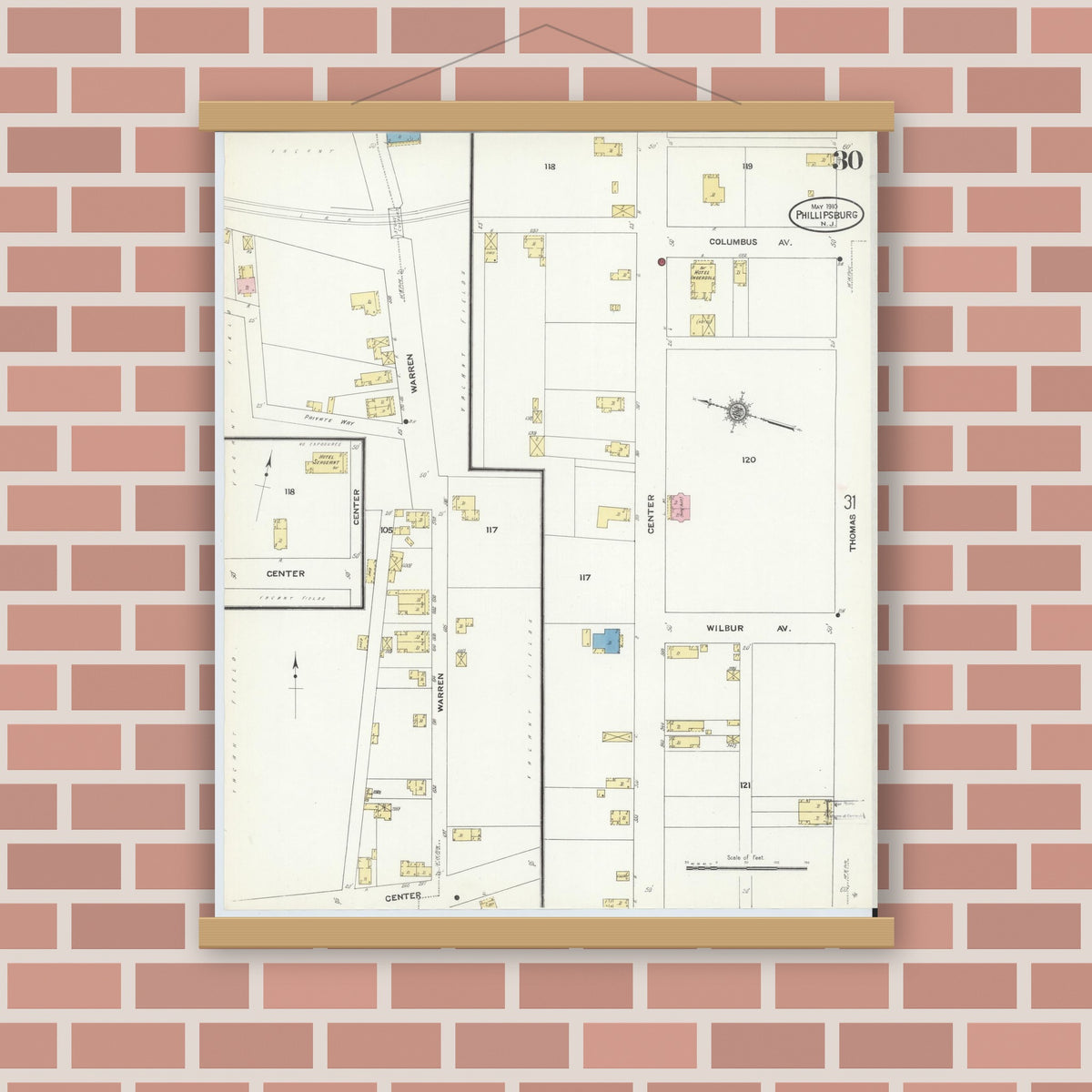 Old map wall art mockup — magnetic wood frame on brick wall — Sanborn Fire Insurance Map from Phillipsburg, Warren County, New Jersey (1910), Sheet #0030