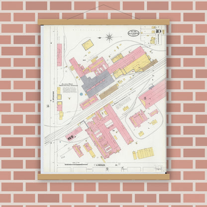 Old map wall art mockup — magnetic wood frame on brick wall — Sanborn Fire Insurance Map from Alliance, Stark County, Ohio (1904), Sheet #0010