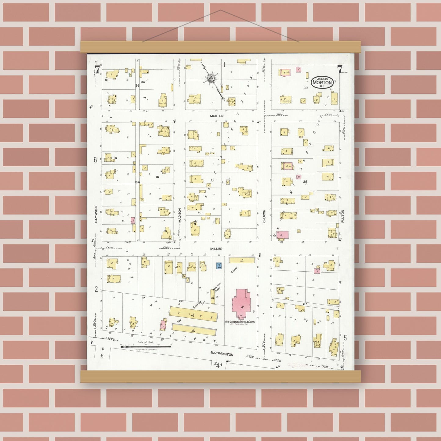 Old map wall art mockup — magnetic wood frame on brick wall — Sanborn Fire Insurance Map from Morton, Tazewell County, Illinois (1926), Sheet #0007