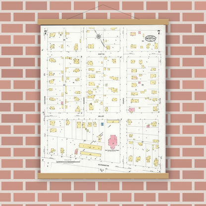 Old map wall art mockup — magnetic wood frame on brick wall — Sanborn Fire Insurance Map from Morton, Tazewell County, Illinois (1926), Sheet #0007