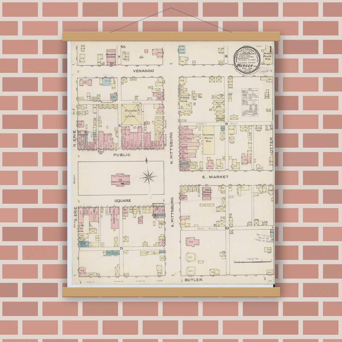 Old map wall art mockup — magnetic wood frame on brick wall — Sanborn Fire Insurance Map from Mercer, Mercer County, Pennsylvania (1886) - Complete Map Set