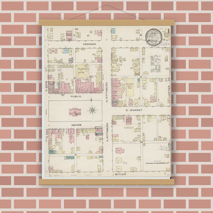 Old map wall art mockup — magnetic wood frame on brick wall — Sanborn Fire Insurance Map from Mercer, Mercer County, Pennsylvania (1886) - Complete Map Set
