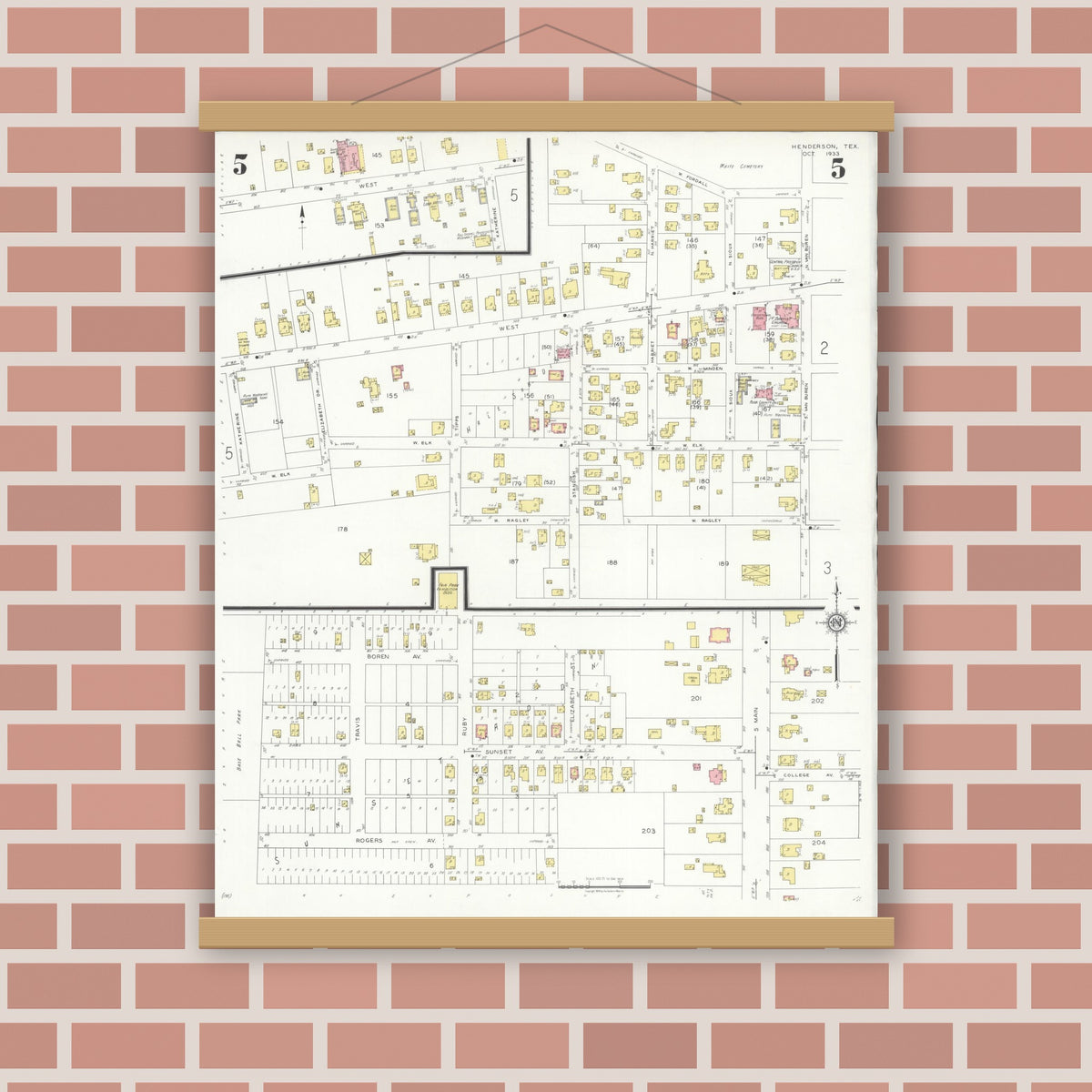 Old map wall art mockup — magnetic wood frame on brick wall — Sanborn Fire Insurance Map from Henderson, Rusk County, Texas (1933), Sheet #0005