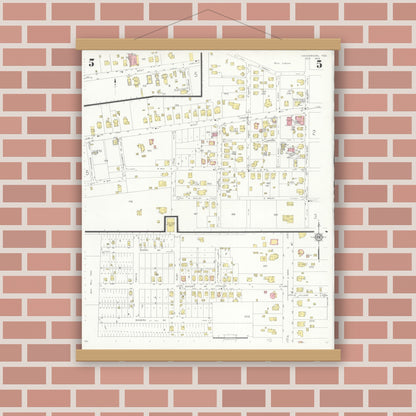 Old map wall art mockup — magnetic wood frame on brick wall — Sanborn Fire Insurance Map from Henderson, Rusk County, Texas (1933), Sheet #0005