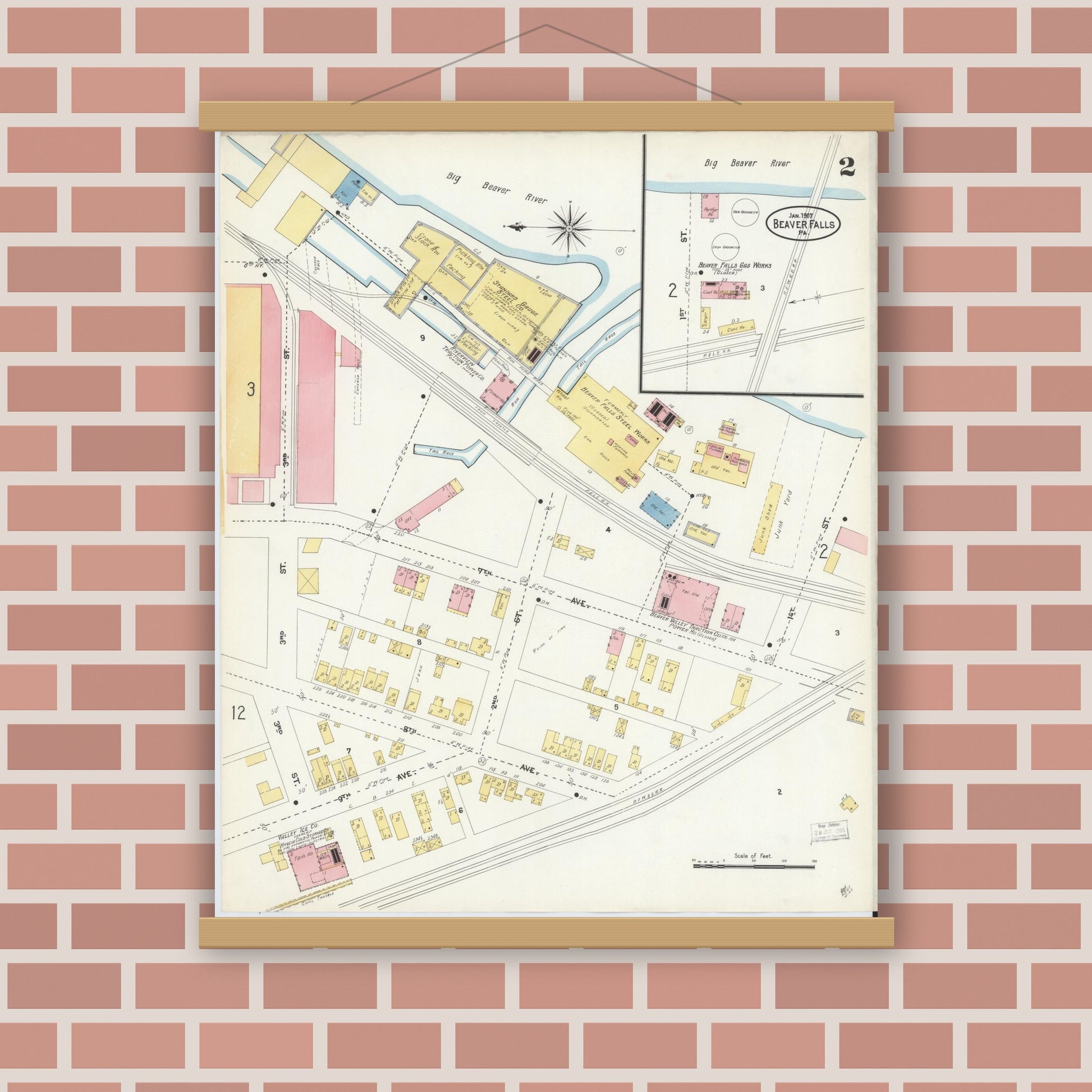 Old map wall art mockup — magnetic wood frame on brick wall — Sanborn Fire Insurance Map from Beaver Falls, Beaver County, Pennsylvania (1907), Sheet #0002