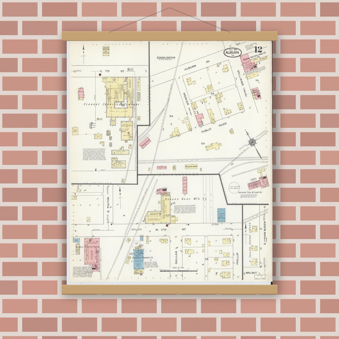 Old map wall art mockup — magnetic wood frame on brick wall — Sanborn Fire Insurance Map from Auburn, De Kalb County, Indiana (1914), Sheet #0012