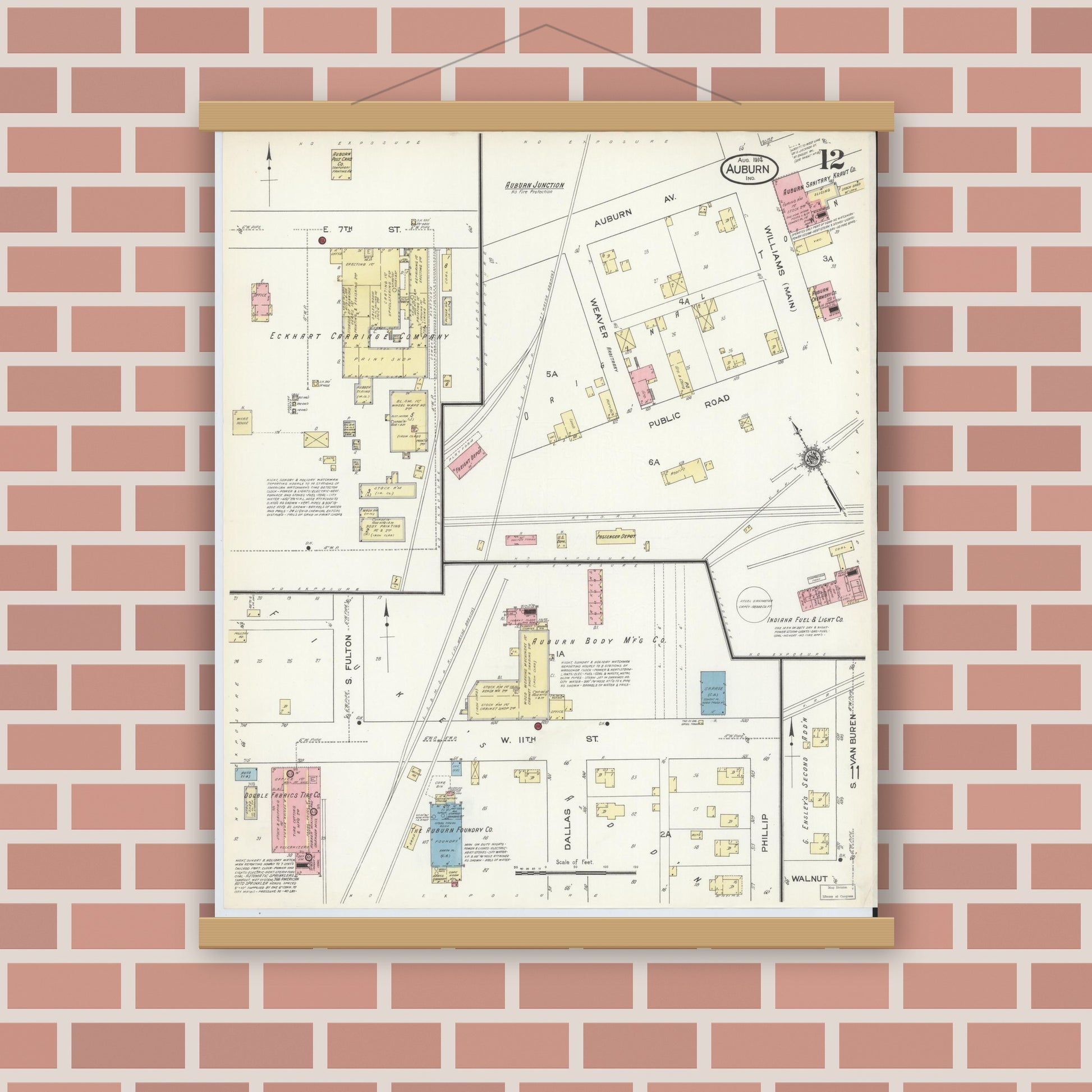 Old map wall art mockup — magnetic wood frame on brick wall — Sanborn Fire Insurance Map from Auburn, De Kalb County, Indiana (1914), Sheet #0012