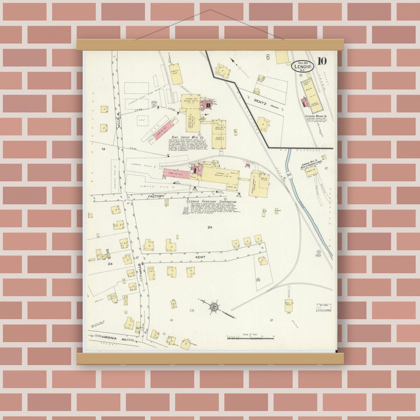 Old map wall art mockup — magnetic wood frame on brick wall — Sanborn Fire Insurance Map from Lenoir, Caldwell County, North Carolina (1913), Sheet #0010