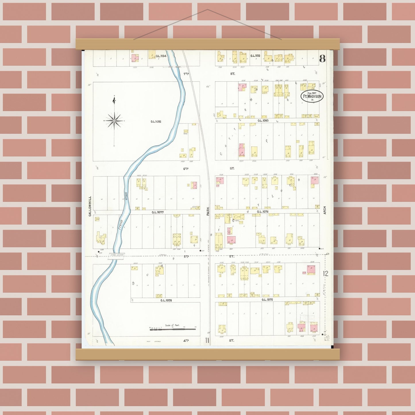 Old map wall art mockup — magnetic wood frame on brick wall — Sanborn Fire Insurance Map from Fort Madison, Lee County, Iowa (1907), Sheet #0008