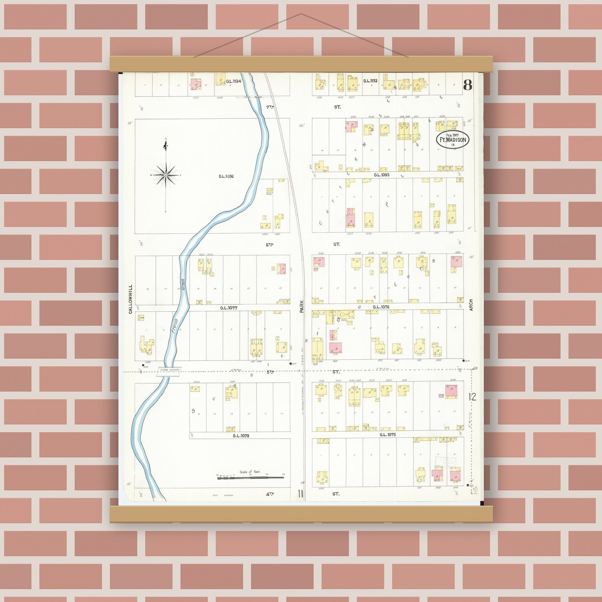 Old map wall art mockup — magnetic wood frame on brick wall — Sanborn Fire Insurance Map from Fort Madison, Lee County, Iowa (1907), Sheet #0008